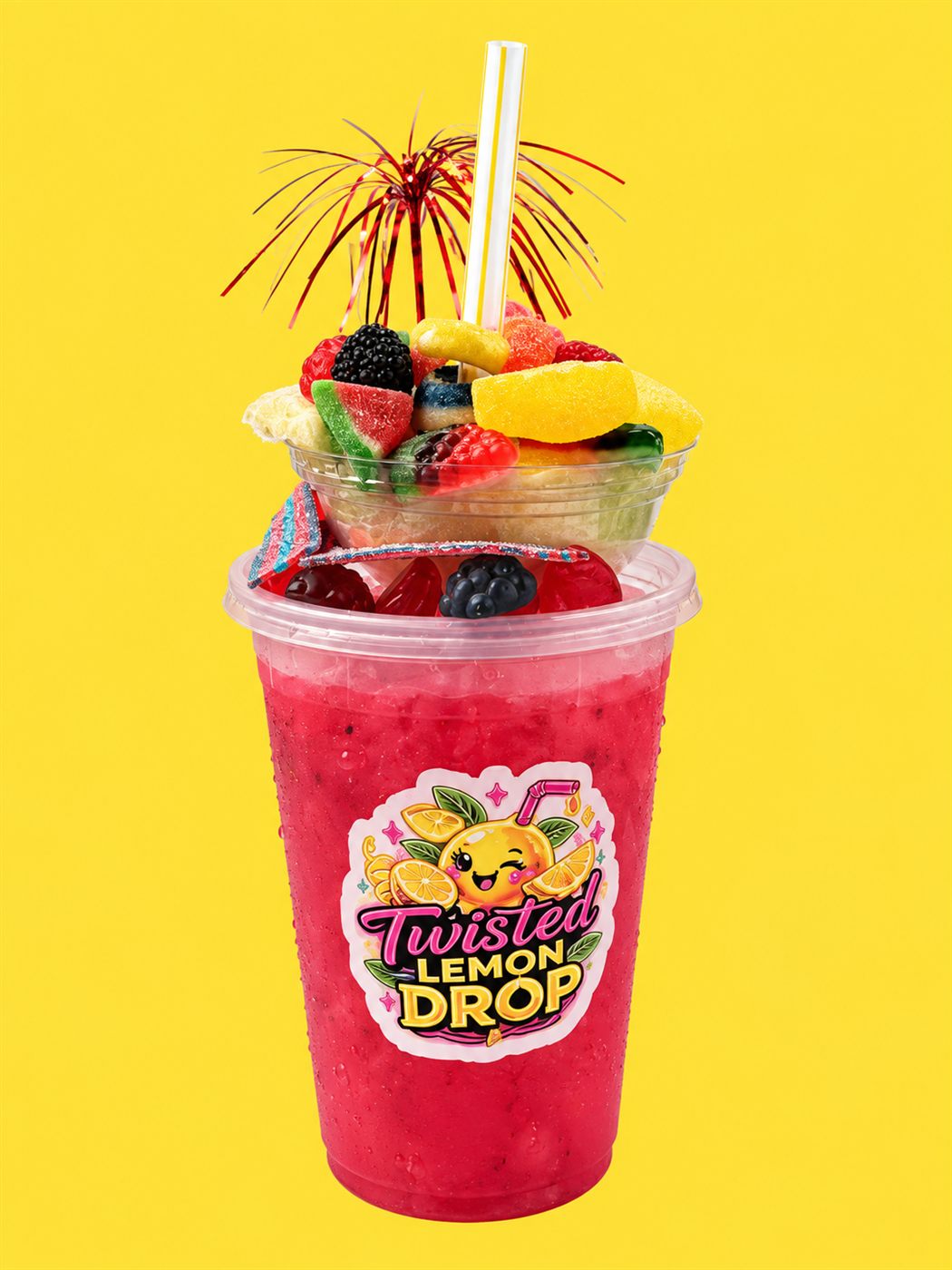 Twisted Lemon Drop red lemonade with a colorful candy topper and striped straw
