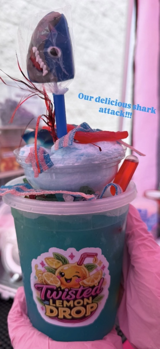 A blue Twisted Lemon Drop specialty lemonade topped with gummy candy